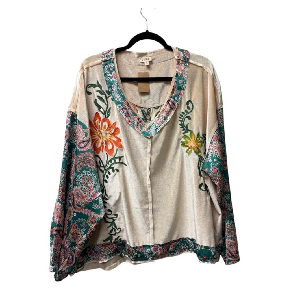 Like - new! POL L Cream Green Boho Embroidered Floral V Neck Blouse - Picture 2 of 8